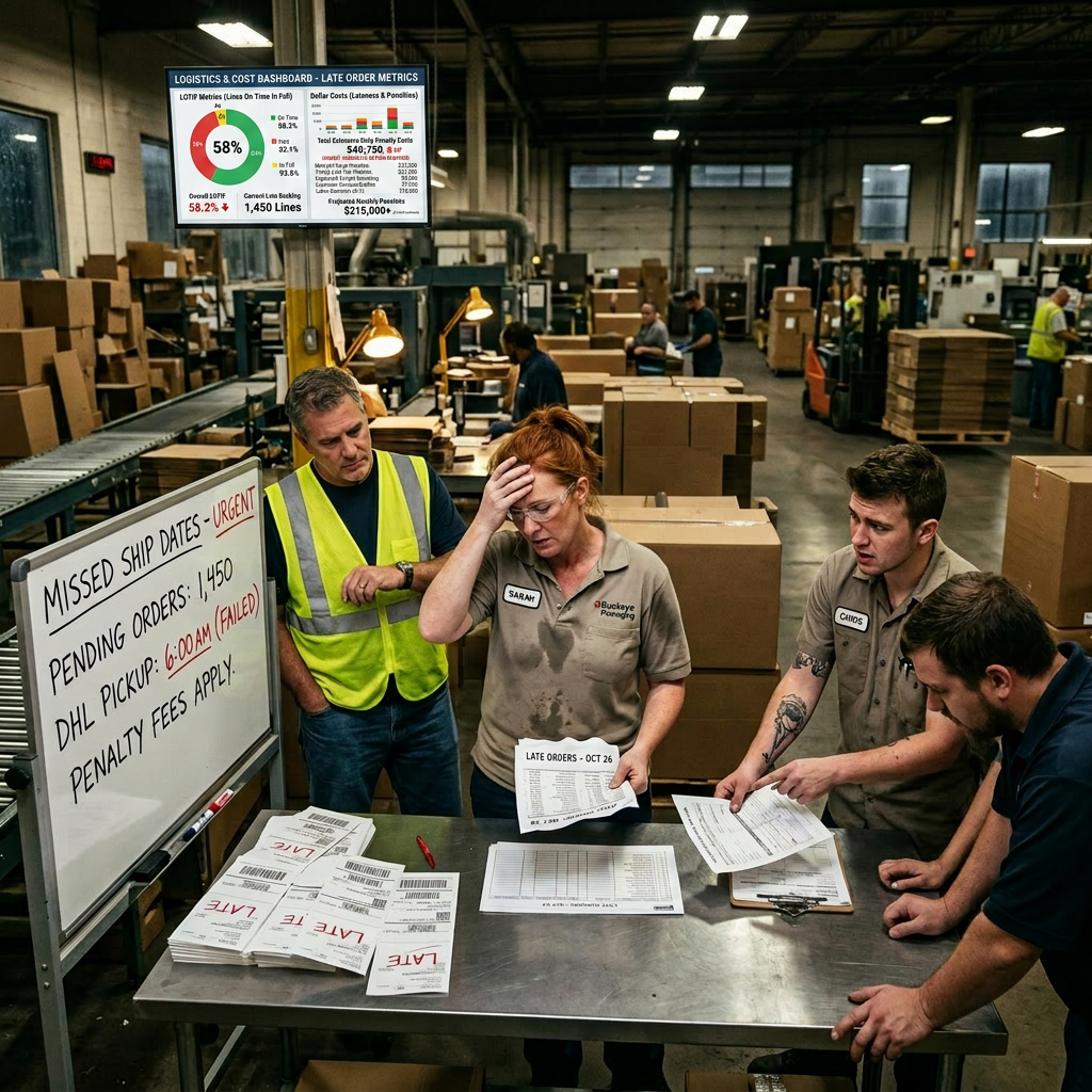 Four warehouse workers examining documents about missed shipments and late orders at a packing station